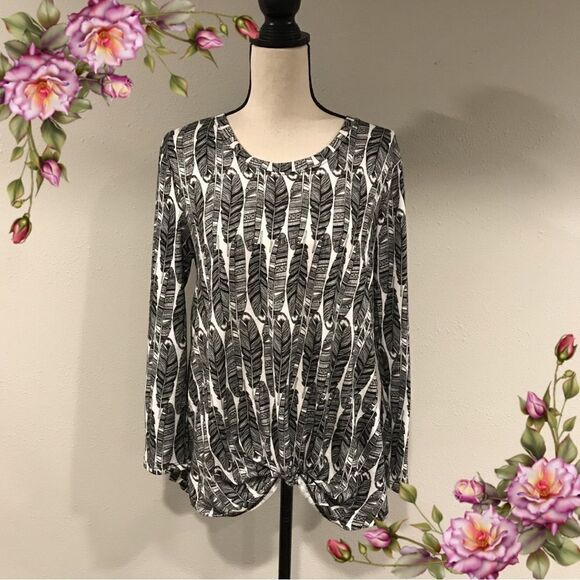Front tie feather print long sleeve light sweater - Picture 1 of 11